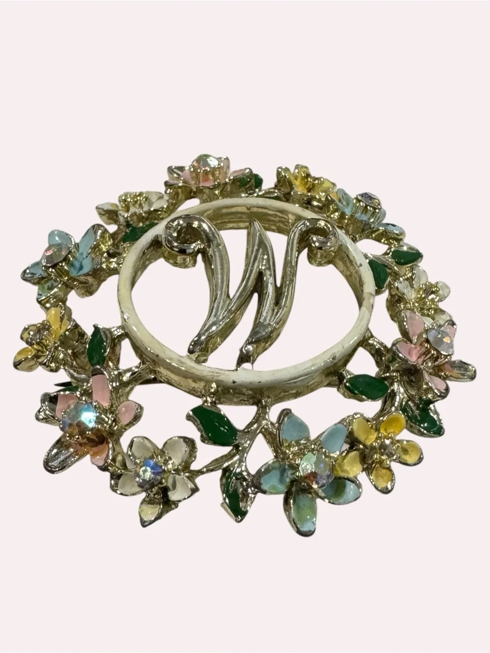 Vintage Floral Monogram “M” Brooch Gold Tone Pastel Rhinestone Wreath Pin